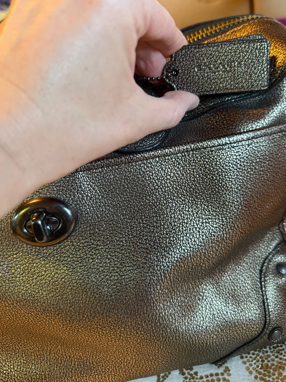 Coach Rhyder Metallic Leather Satchel with Gunmetal-tone Hardware